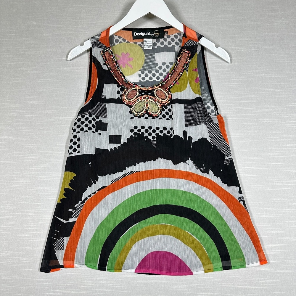 Desigual Beaded Neck Sleeveless Top Womens‎ M Multi Color Rainbow Abstract Y2K
